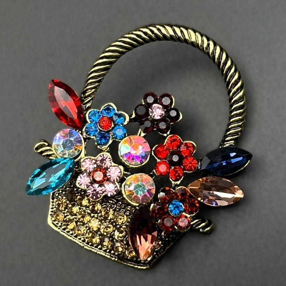Yellow Gold with Multicolored Crystal Flower Basket Pin Back Brooch